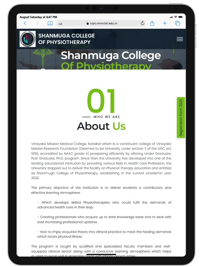 Tablet responsive physiotherapy college website design for SCPT